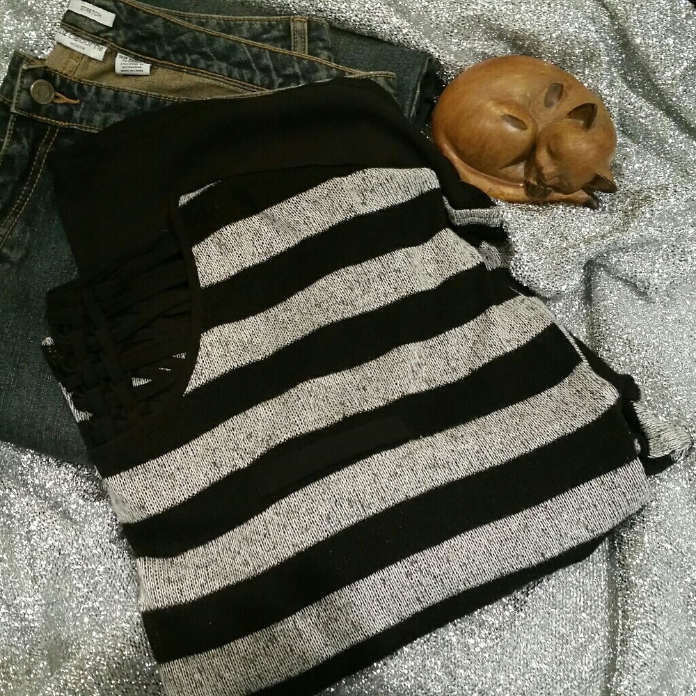 Black & Grey Striped Cut Out Hi Low Shirt