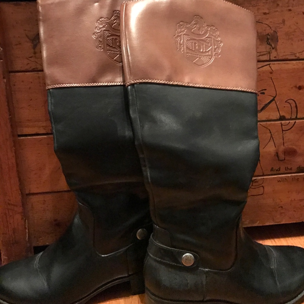 Brown and black tall boots