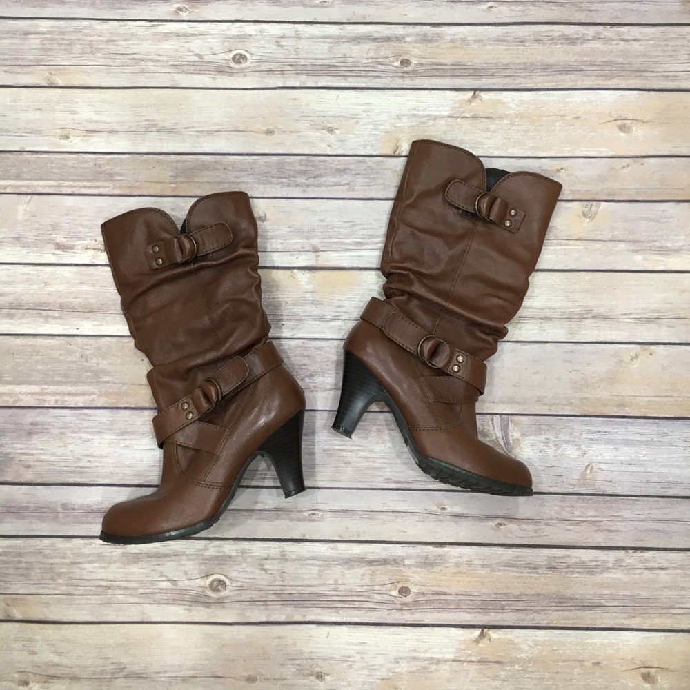 Aldo brown buckle boot with heel