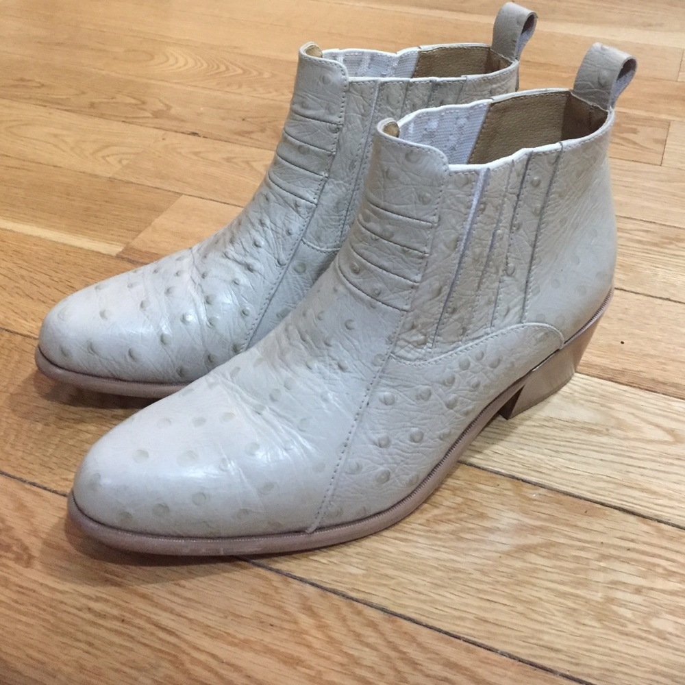 White Leather Ostrich Pattern GoGo Ankle Boots