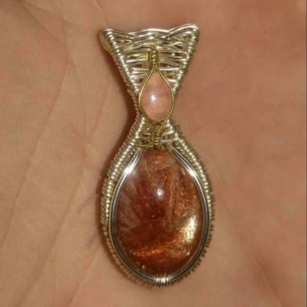 Sunstone and rhodocrosite wirewrap pendant