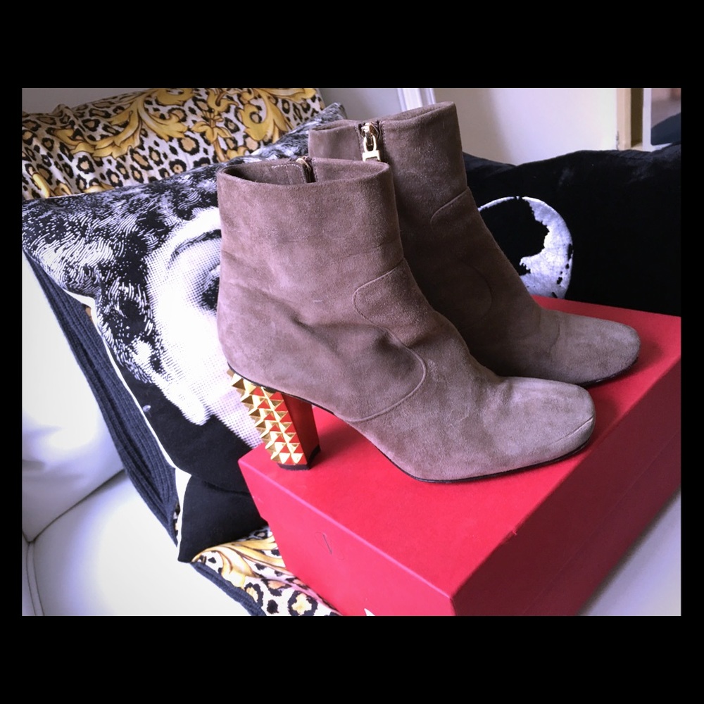 Fendi Beige Suede Ankle Boots with Gold Stud Heel