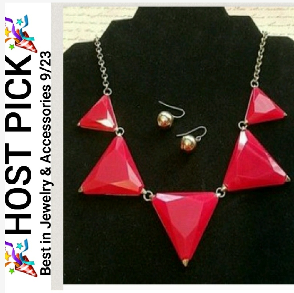 S144 Geo Pink Faceted Statement Necklace Set
