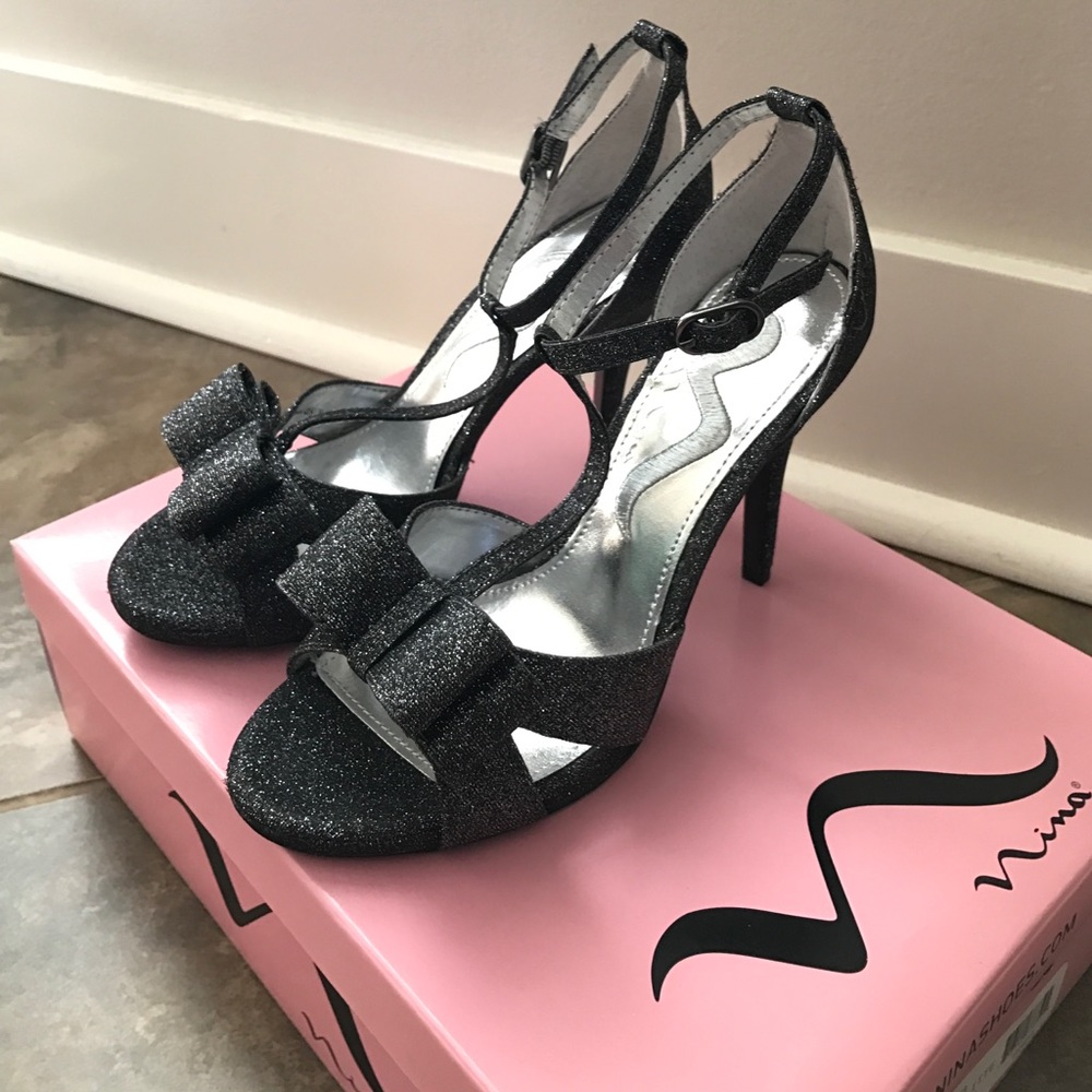 Nina Radiant Gunmetal Glitter Bow Hi-Heel Sandals