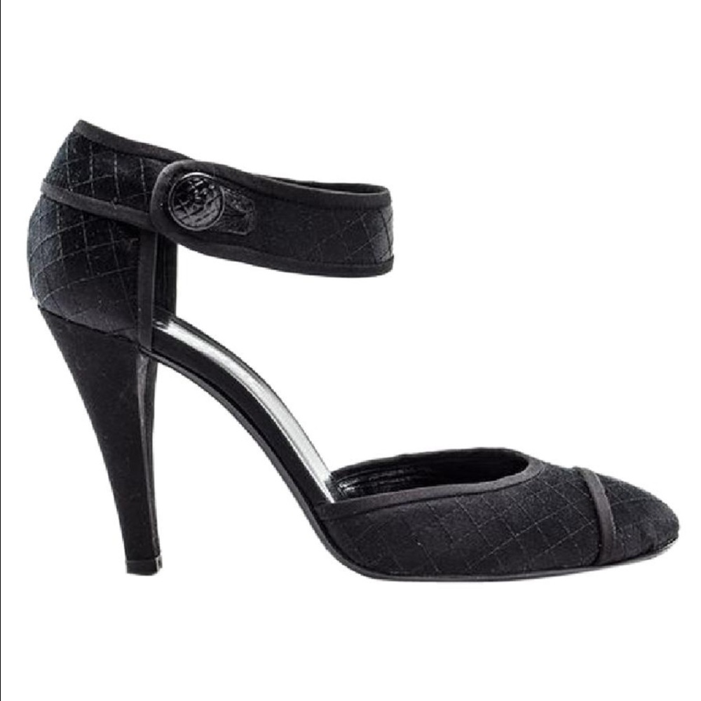 Chanel Black Satin Ankle Strap Mary Jane Heels