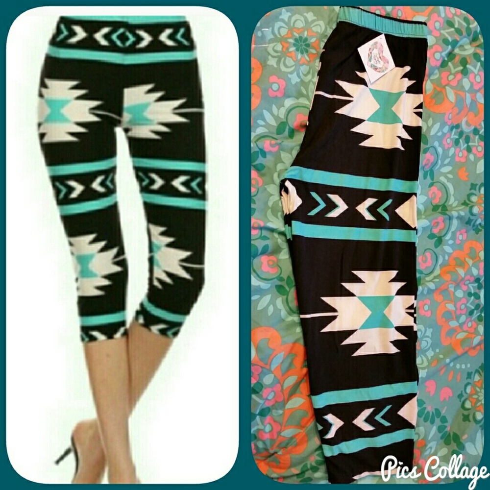 Black & Teal Aztec Capri Leggings
