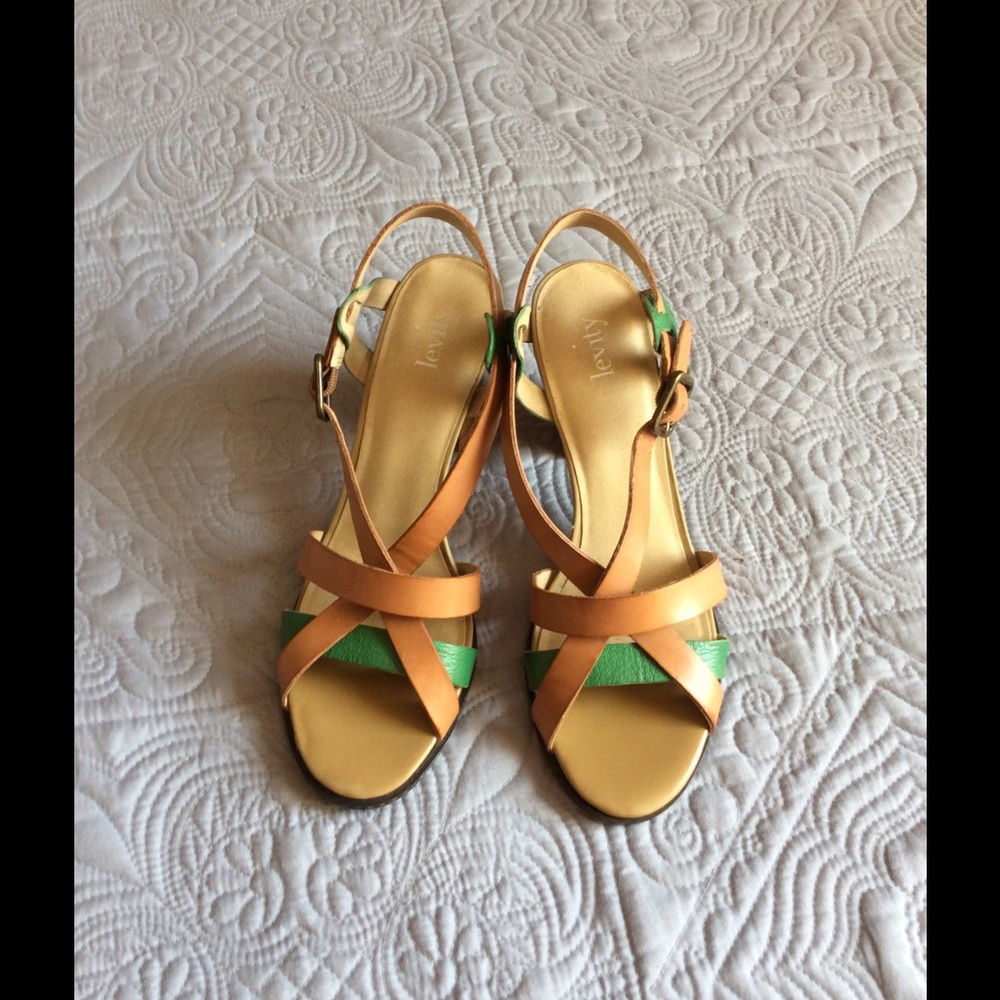 Levity tan and green leather sandals