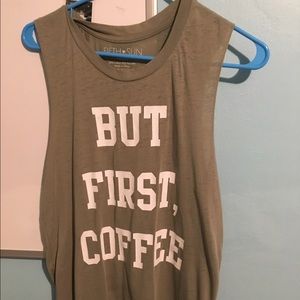 Olive green "but first, coffee" tee shirt