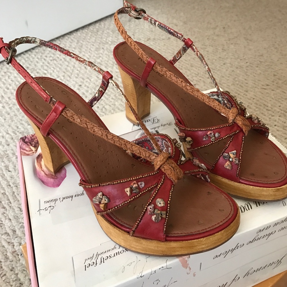 Red leather heeled sandals