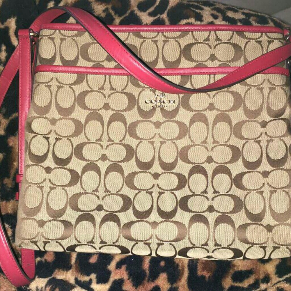 Red and tan coach purse