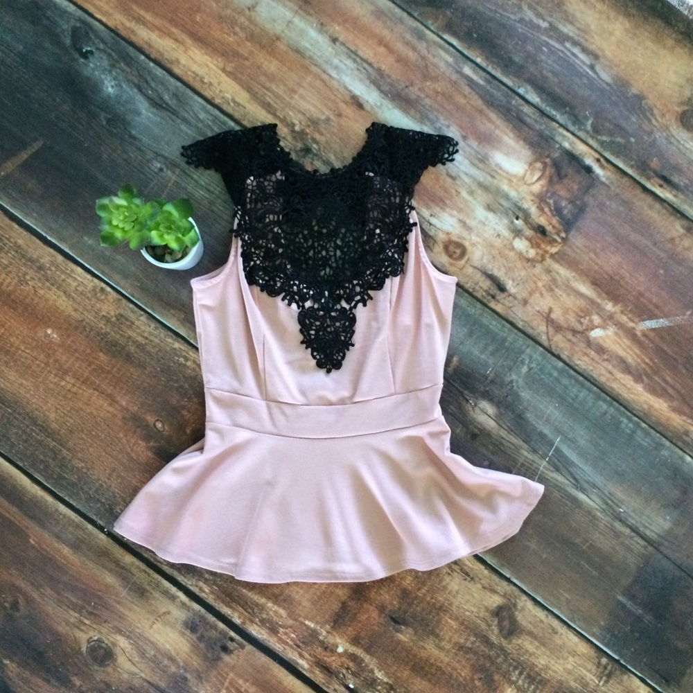 Lace embroidered blush and black peplum top