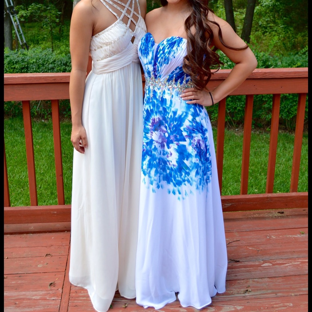 Strapless beaded printed prom dress