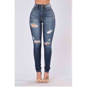 Fashion Nova Ripped Down Jeans - Dark