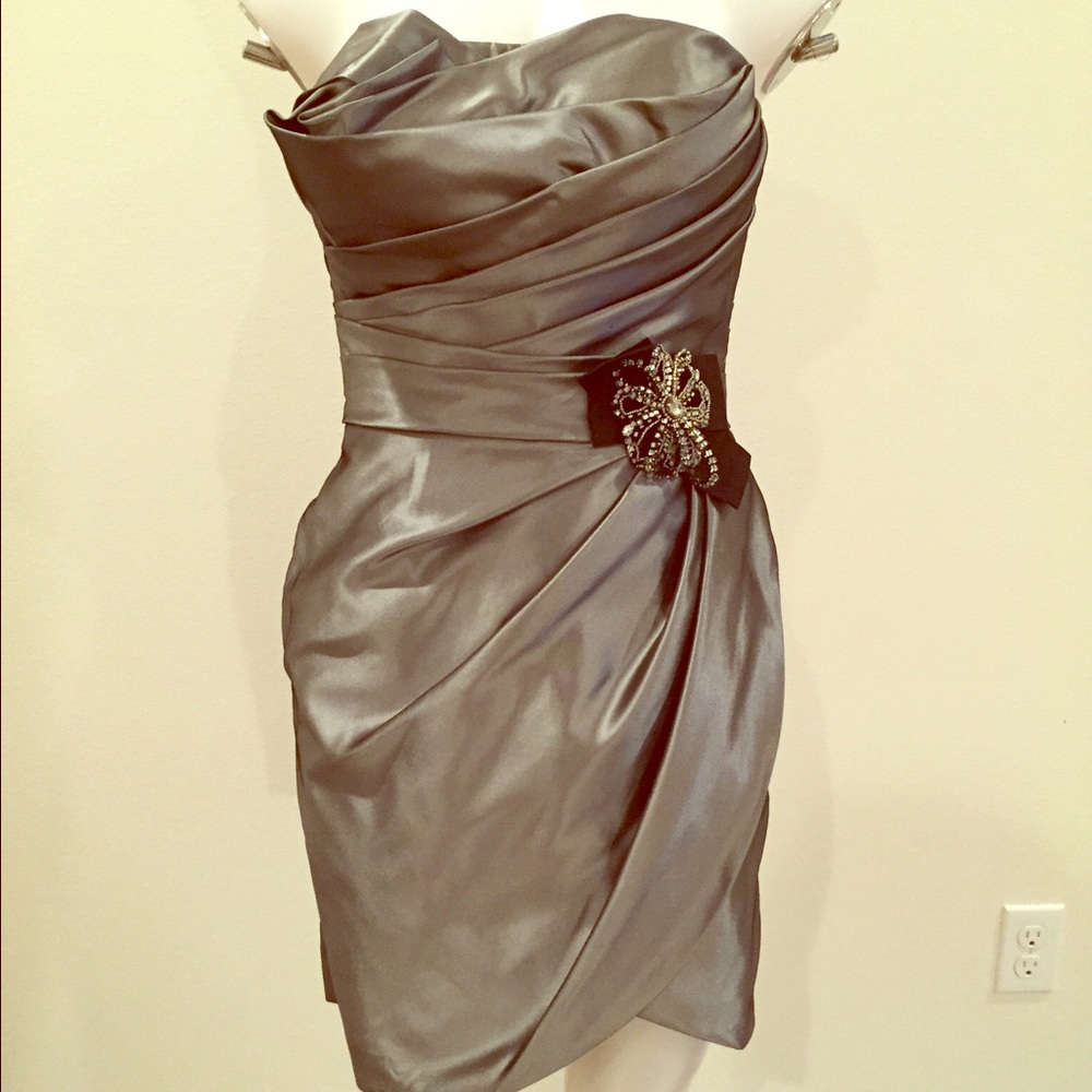 Silver cocktail dress asymmetrical skirt