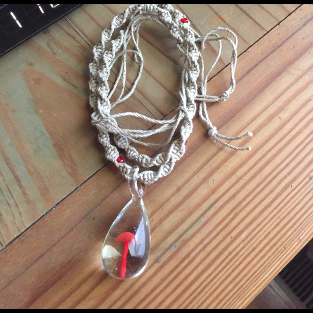 Body Rage Red Glass Mushroom Twisted Hemp Necklace