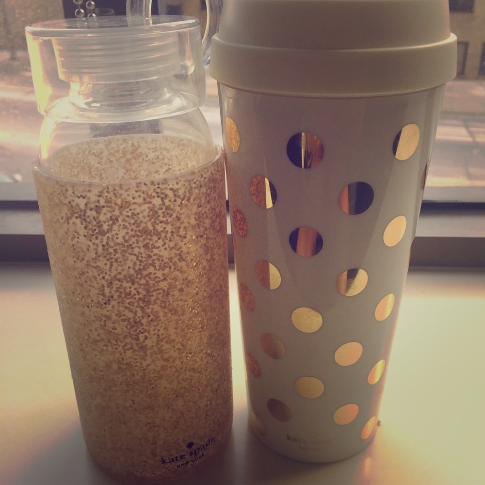 Gold Kate Spade Travel Mug AND Glass Bottle BUNDLE