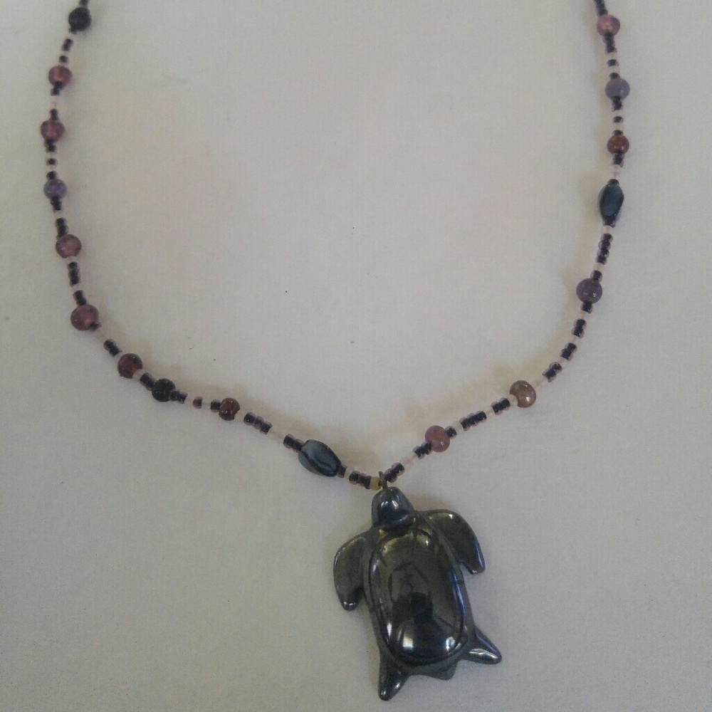Beaded necklace, turtle pendant