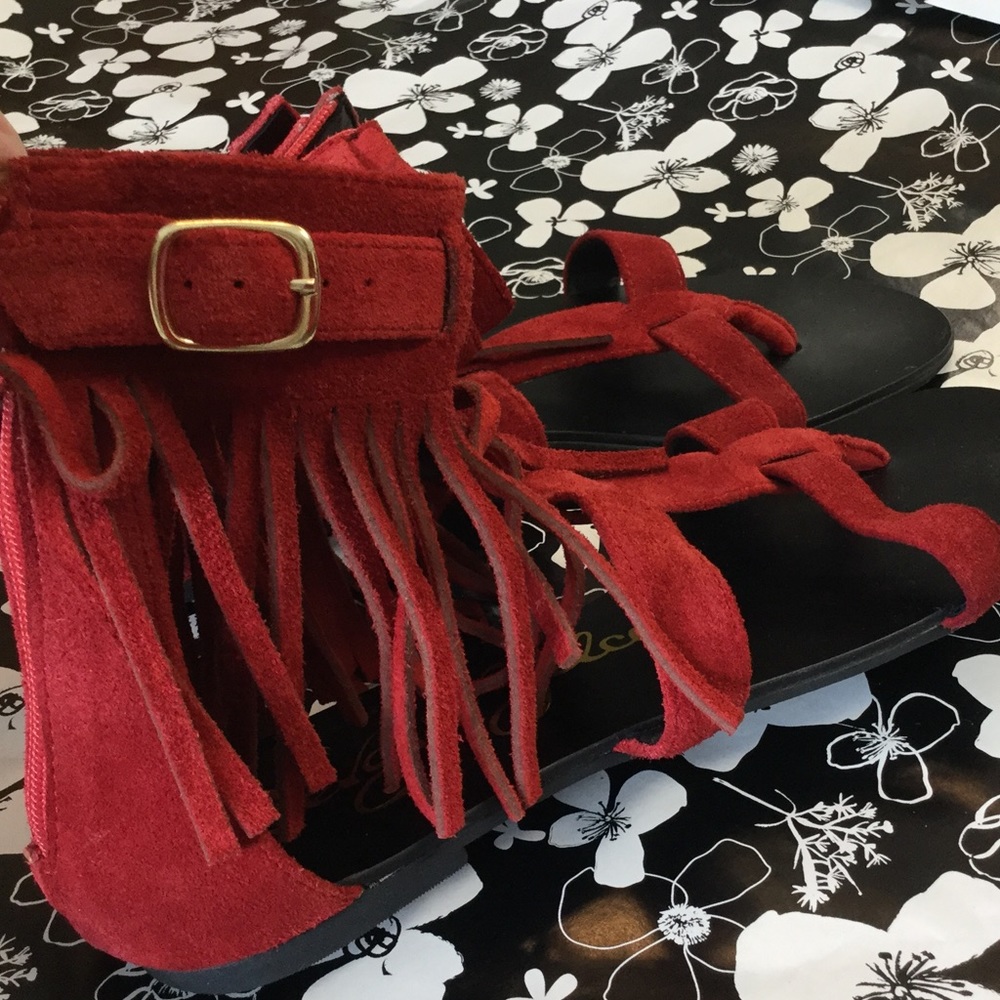 Red Suede fringed sandals