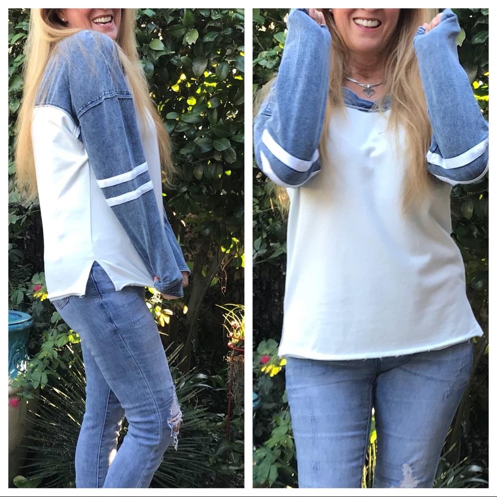 LAST 🔘 Denim Long Sleeve Frayed Top Ovrsized - Picture 2 of 8