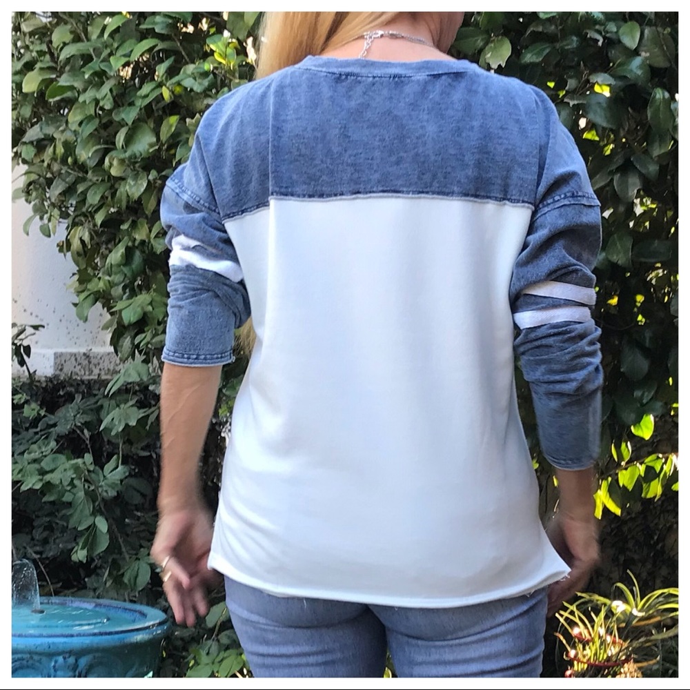 LAST 🔘 Denim Long Sleeve Frayed Top Ovrsized - Picture 4 of 8