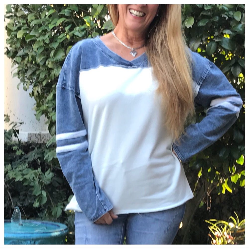 LAST 🔘 Denim Long Sleeve Frayed Top Ovrsized - Picture 8 of 8