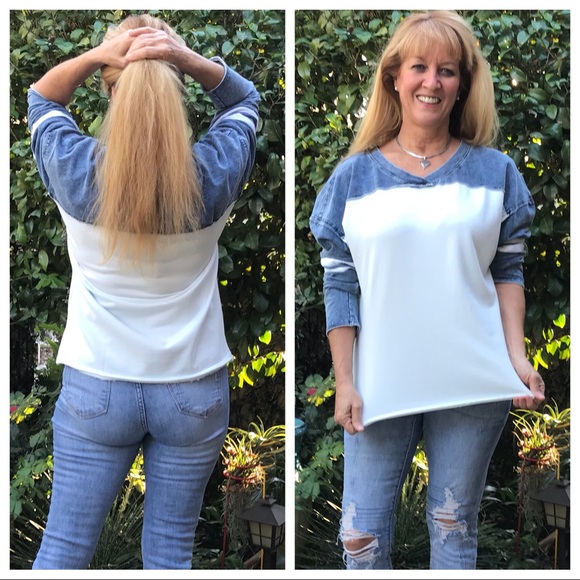 LAST 🔘 Denim Long Sleeve Frayed Top Ovrsized - Picture 6 of 8