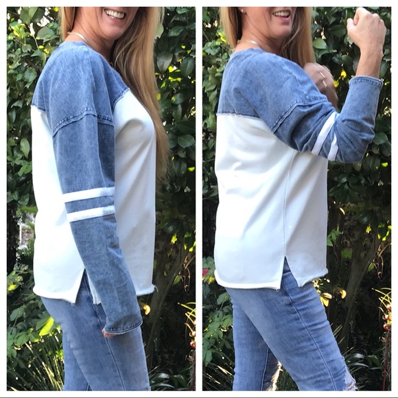 LAST 🔘 Denim Long Sleeve Frayed Top Ovrsized - Picture 7 of 8