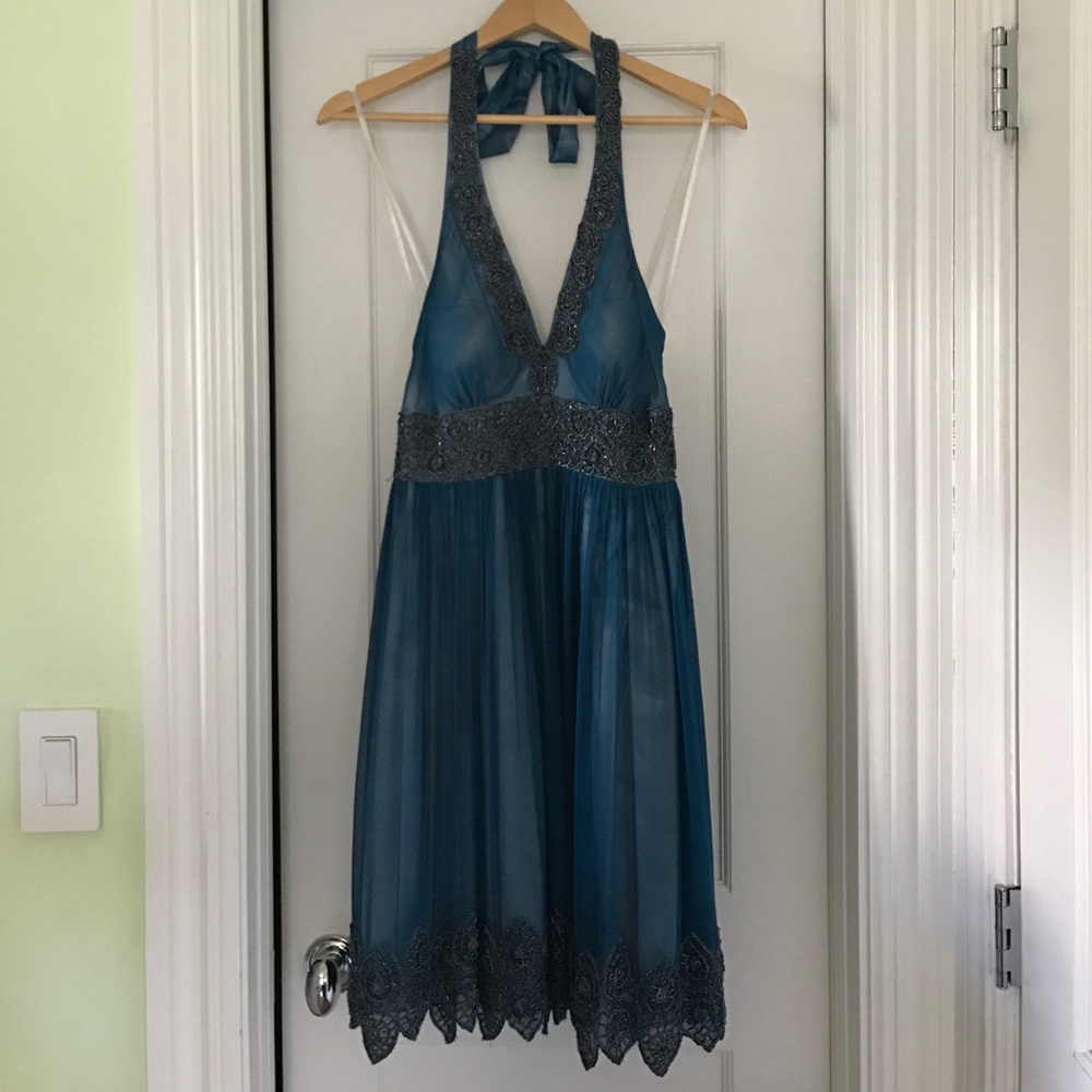 Blue Formal Prom Dress with Dark Silver Beading