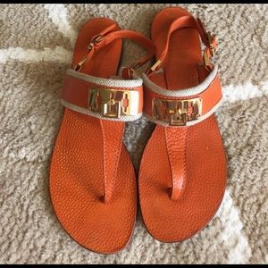 Tory Burch Orange Leather T Strap Sandals