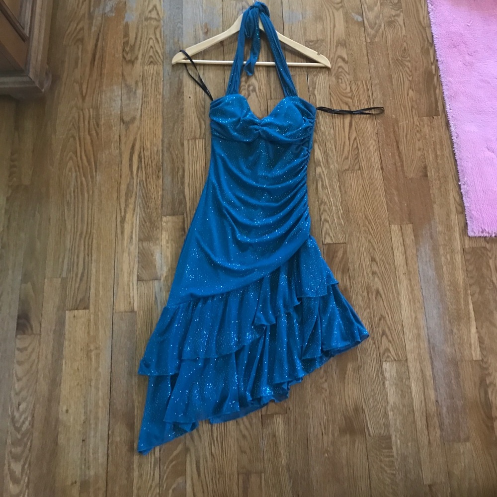 Blue Glitter High Low Prom Dress