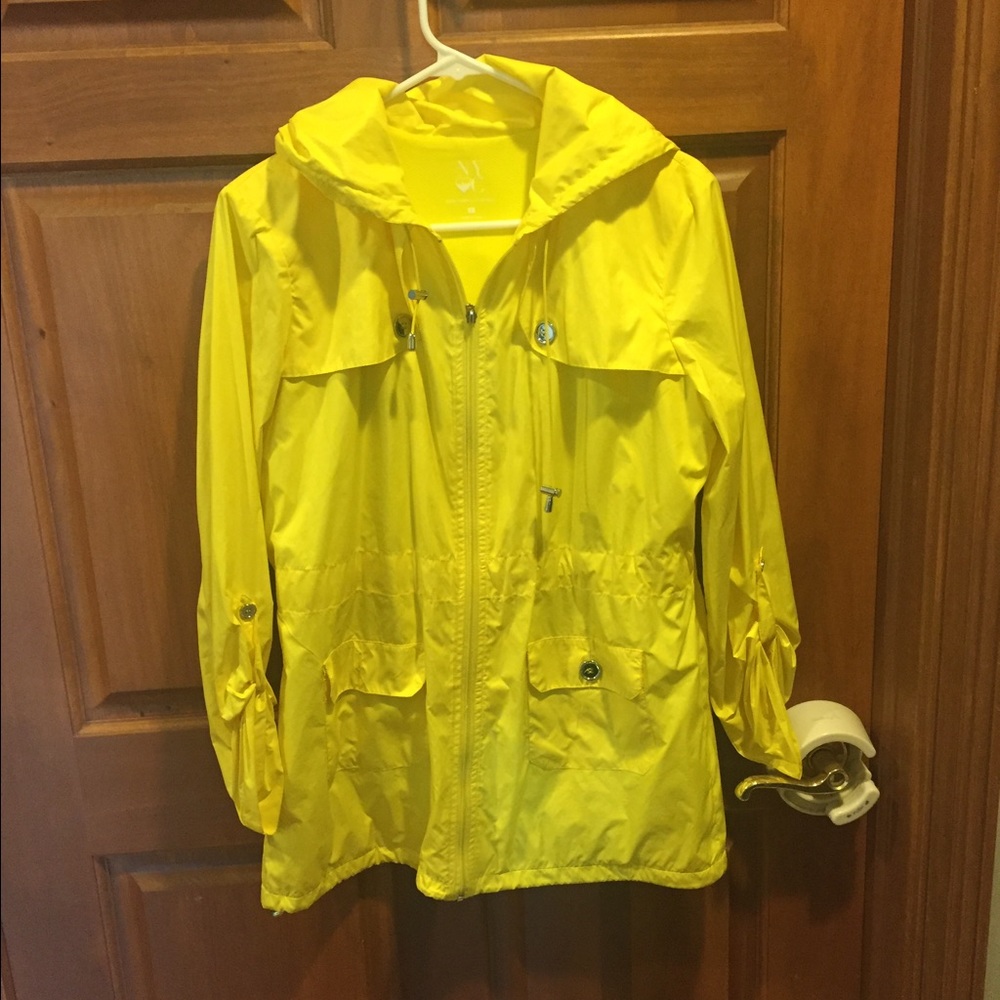 Yellow hooded rain jacket
