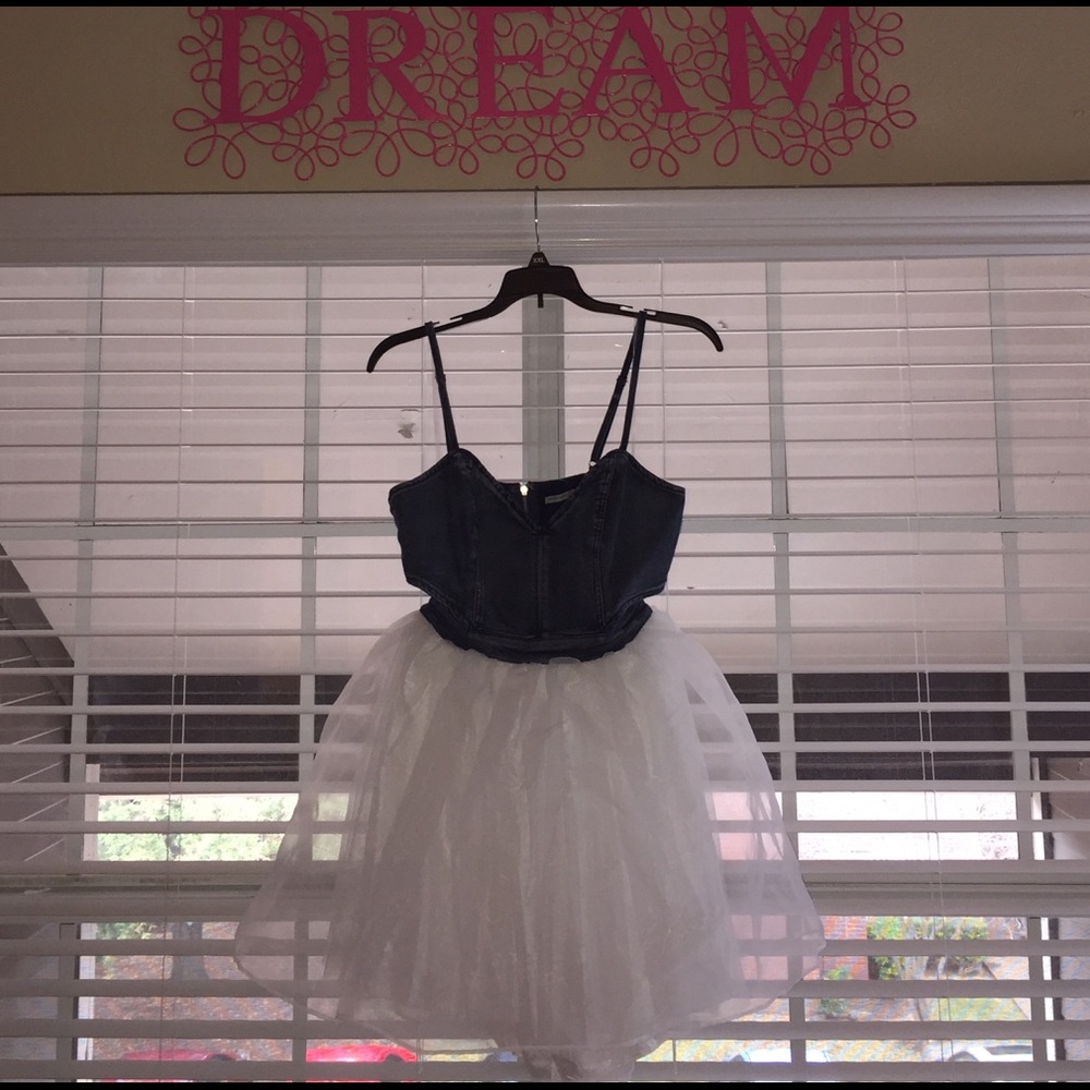 Blue Jean and white tulle dress