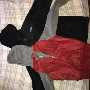 The North Face hooded fleece & red leather jacket