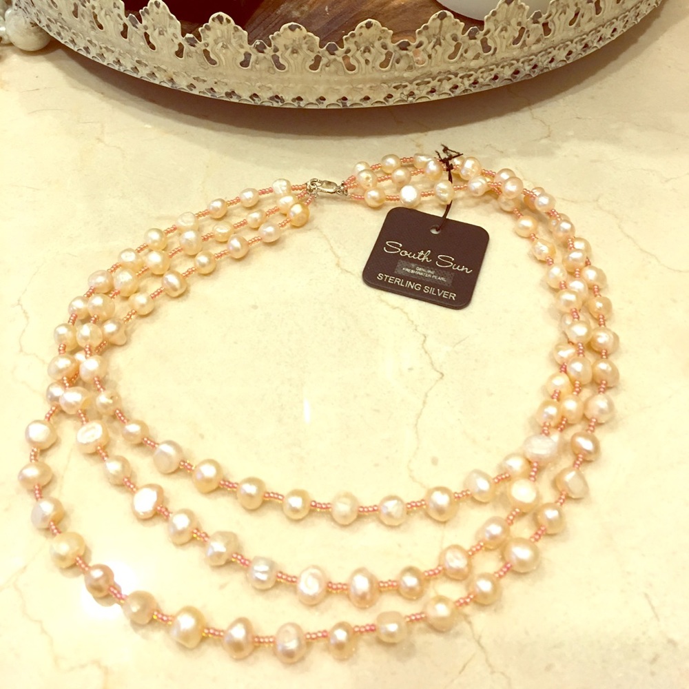Triple strand freshwater pearls and sterling