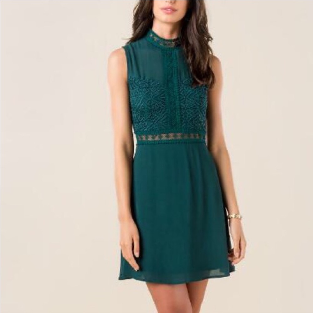 Francesca's Emerald Sheer Panel High Neck Dress
