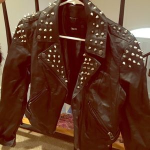 Studded cropped real leather motorcycle jacket