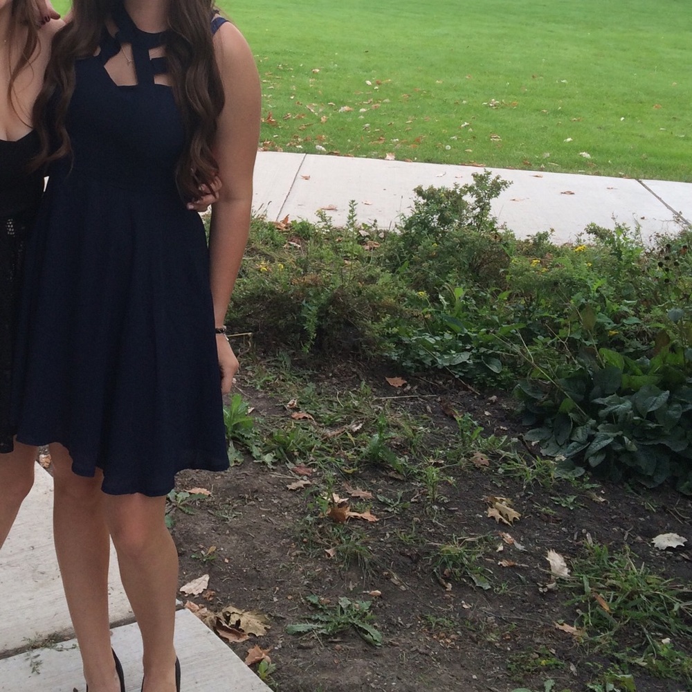 Windsor formal navy dress, cutout front, lace back