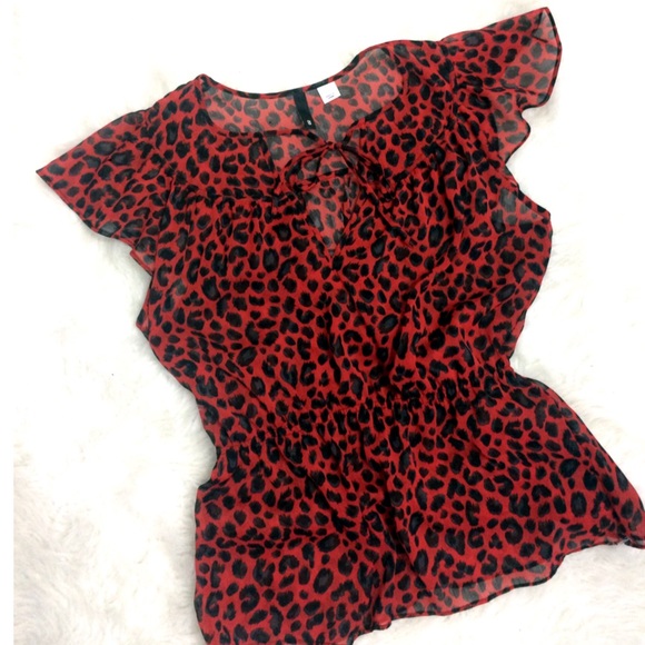 Divided Tops - Sheer Red Black Cheetah Cap Sleeve Blouse