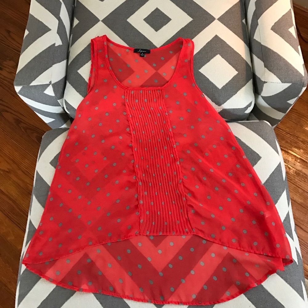 Red and tan Soprano sheer tank with polka dots. Sm