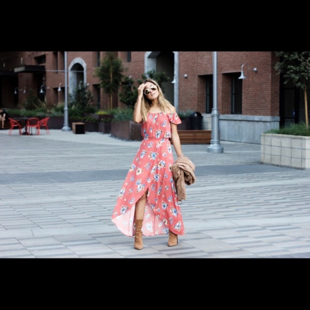 Hi Low Floral Off Shoulder Maxi Dress