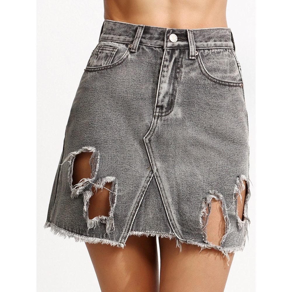 Gray Ripped A-Line Denim Skirt
