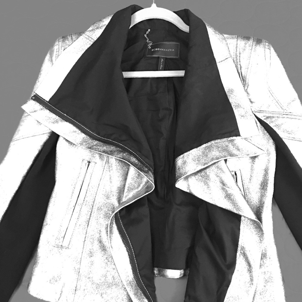 Metallic BCBG MaxAzria faux leather moto jacket