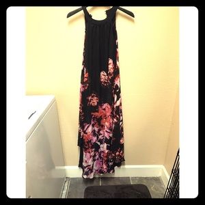 Bodycon floral dress with overlay.