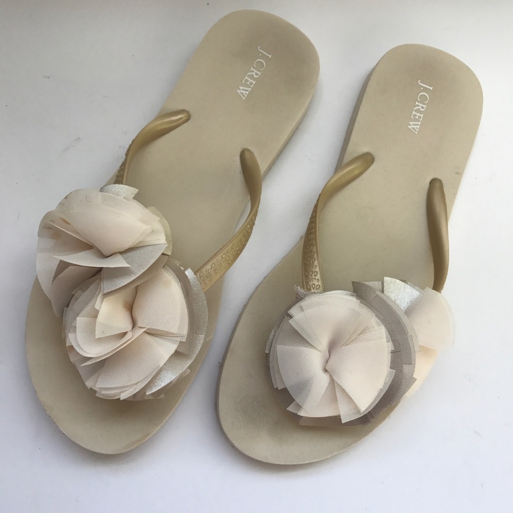 J Crew Champagne Bridal Flip Flop w/ Floral Accent