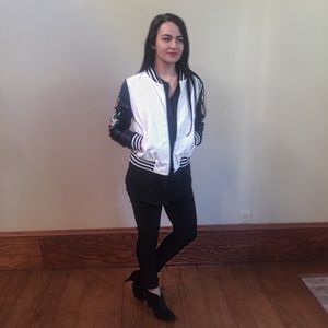Faux Leather Embroidered Bomber Jacket