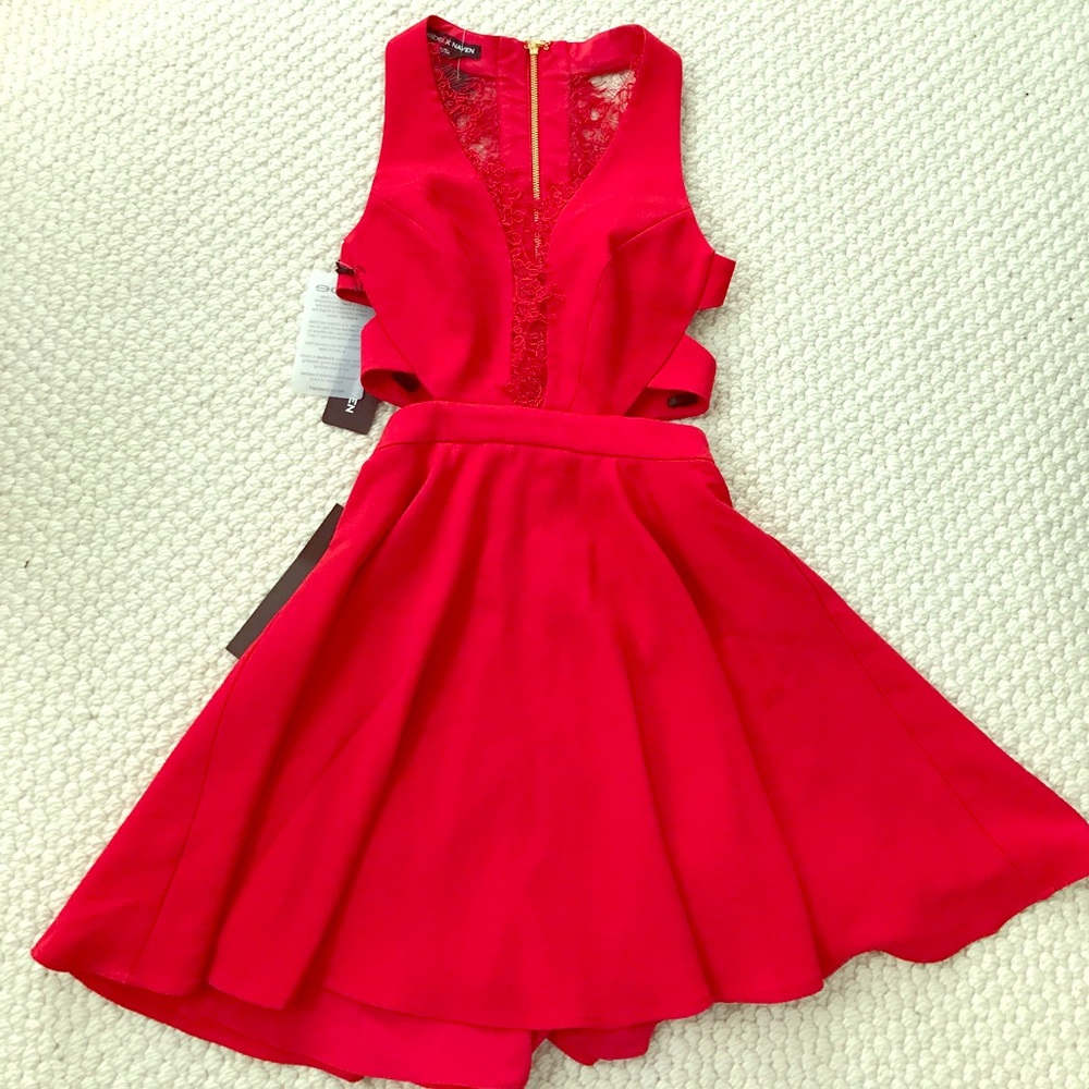 Red fit and flare dress Bebe x NAVEN