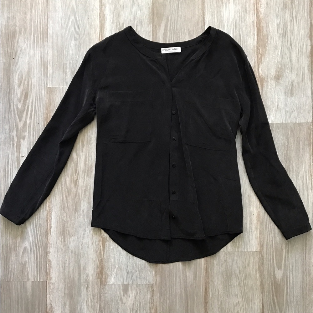 Everlane Black Silk Round-Collar Shirt XS