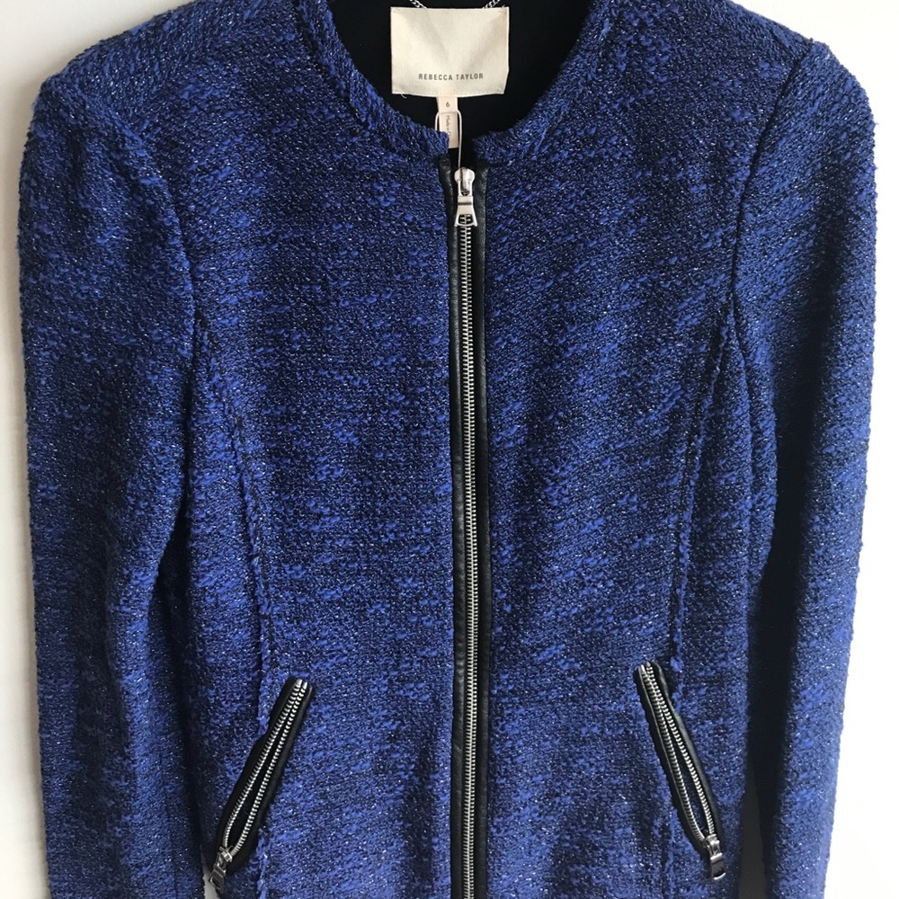 Rebecca Taylor Blue Tweed Jacket Leather Piping