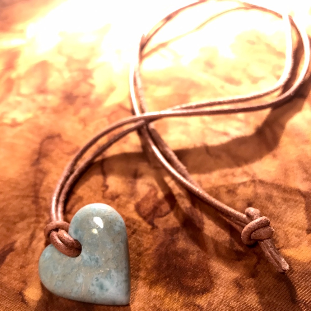Larimar Heart with Leather, 14" Long