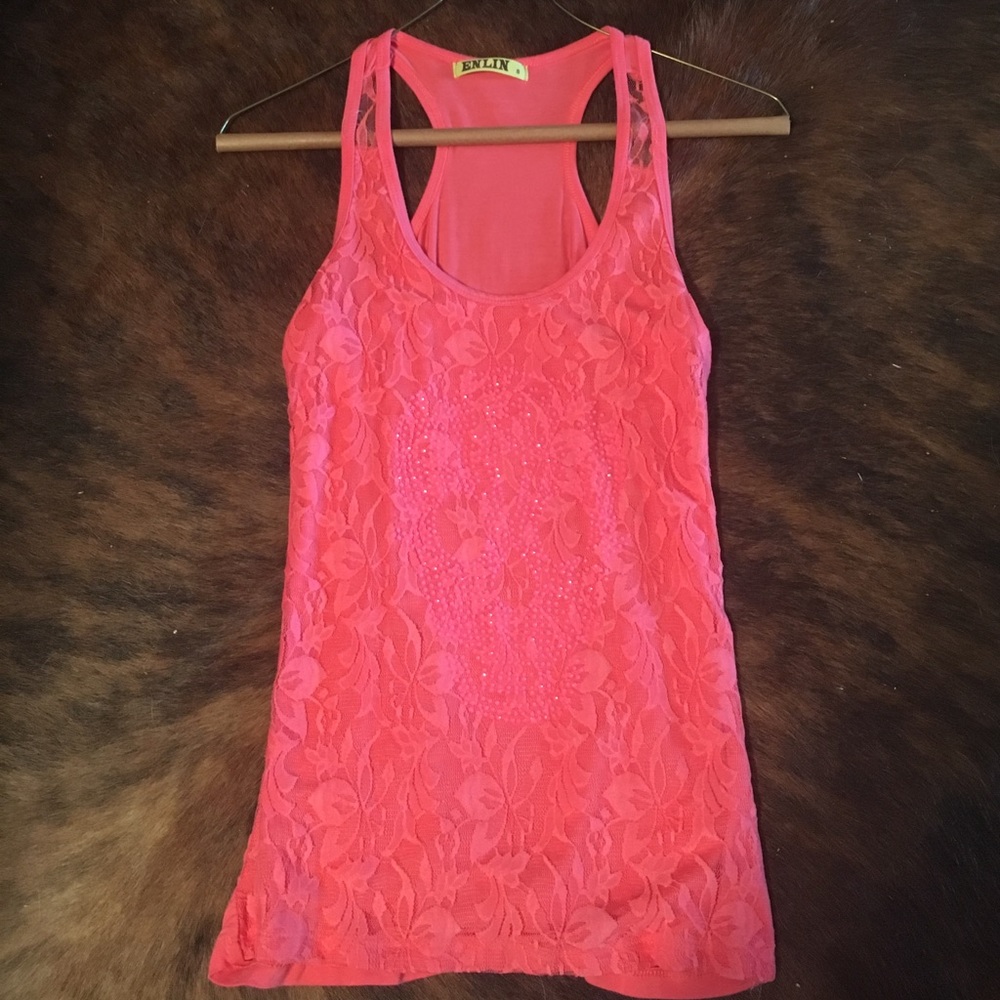 Coral lace tank with sequin skull